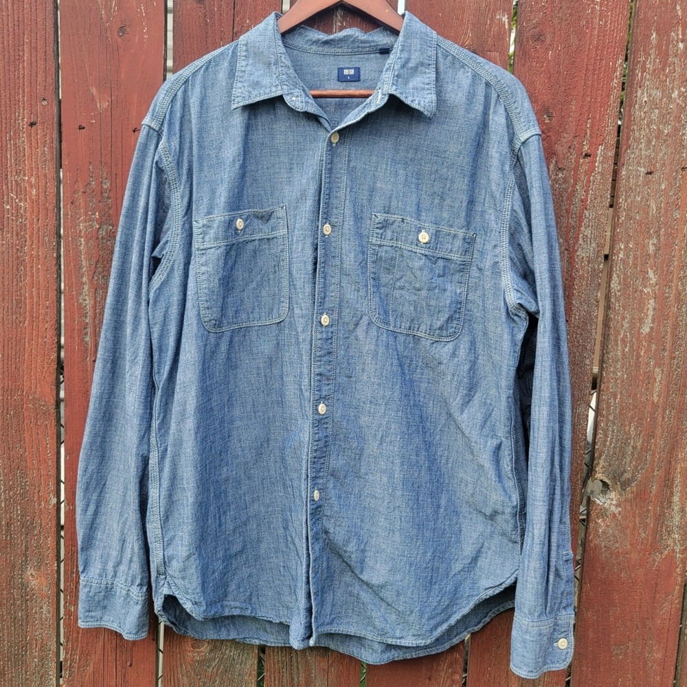 Uniqlo Men Blue Chambray Cotton Long Sleeve Work Shirt L Classic